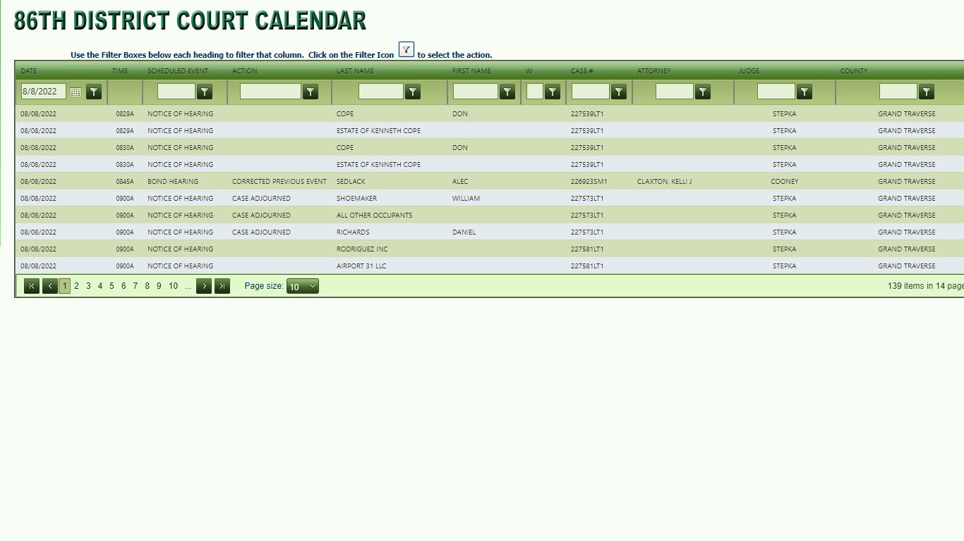 86th District Court Calendar